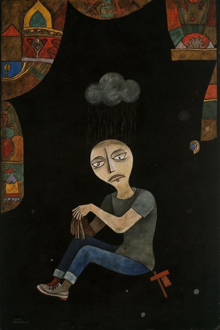 paulklee1 painting. 
chenu1. 
A geometric figure sitting on the ground, hugging his knees, with a melancholy expression. Above his head is a small, dark rain cloud pouring rain solely on him, symbolizing personal struggle or sadness. He is wearing casual clothing, including a gray t-shirt, jeans, and worn sneakers. The background features an ornate, colorful mural depicting traditional or spiritual motifs, contrasting with the character's isolation and mood. The overall style is hyper-realistic with intricate textures, blending realism with metaphorical elements, and the atmosphere is somber yet deeply introspective 
   <lora:paulklee1_cap_d8a4e12:1.0><lora:839872252196600536:0>