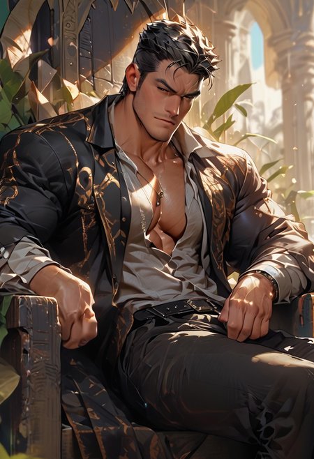 score_9, score_8_up, score_7_up, Atlas, a hulking man of beast-like musculature and an open shirt with wild black hair, master of knowledge and memory with a throne of books.