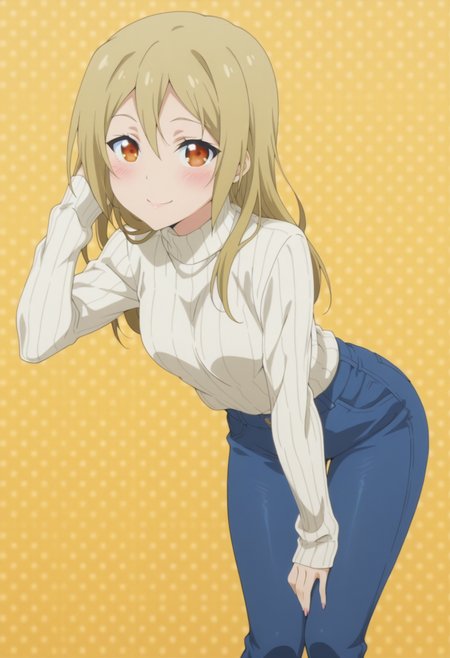 anime screencap, anime coloring, <lora:DX888Akane:1> segawa akane, orange eyes, blonde hair, long hair, hair down, BREAK casual, jeans, long sleeves, (ribbed sweater:1.2), sleeves past wrists, sweater tucked in,  turtleneck sweater, white sweaterBREAK simple background, yellow background,  polka dot background, BREAK   1girl, blush, hand in own hair, leaning forward, looking at viewer, smile, solo,