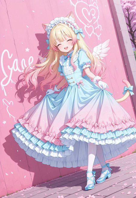sdpllg, 1girl, catgirl, blonde cat ears, blonde cat tail, blonde hair, two-tone hair, gradient hair, multicolored hair, pink tips, pink highlights, pink streaks, masterpiece, best quality, absurdres, 
(pastel theme, lolitafashion:1.2), pastel lolitafashion, sweet lolitadress, shiny lolitadress, victorian dress, kawaii, cute, moe, puffy padded dress, petticoat, puffy sleeves, pastel colors, pastel pink, pastel blue, frilled wide skirt, white pantyhose, pastel dress, puffy sleeves, gloves, pastel headdress, many bows, multiple bows, ribbons, frills, frilled fabric, center frills, sparkles, glitter, cute lolitashoes, leg ribbon, tail ornament, tail ribbon, tail bow,
outdoors, nature, park, cherry blossom trees, wind, cherry blossoms, wall, graffiti, (mural), painted angel wings,
(solo:1.2), from side, full body, dynamic pose, dutch angle, looking at viewer, happy smile, open mouth, closed eyes, curtsey, skirt hold, crossed ankles, bowing, leaning forward,
intricate, highly detailed, majestic, shallow depth of field, movie still, circular polarizer