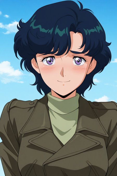 masterpiece, best quality, source_anime,official art,perfect_anatomy,retro_artstyle, 1girl,Elischa,purple eyes,blue hair,short hair,jacket,turtleneck,(beautiful detailed face,looking_at_viewer,shy,blush,smile,in heart),upper body,day,blue_sky,cloud