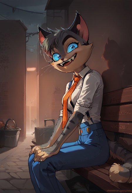 score_9, score_8_up, score_7_up, yamer_pixel_fusion, pixel art,female, hires, hyper-detailed, d3p1x3l, pixel art,real life,Rocky,genderbend,female,girl,aged down,young,aged difference,blue eyes,blue pupils,striped fur, striped, pointed ears, eyebrows, ,mouth closed,eyelashes,smiling, yellow markings, grey body, grey fur, tail, long tail, blue sclera, black ears, cat ears, black cat ears, (female anthro cat:1.3), furry anthro, big breast,slim,skinny,((solo)),
blue pants, blue baggy trousers,suspenders, white collared shirt, white shirt, blue suit, orange tie, 
crazy expression, hands,hands on thigh,clothed, posing, front, seductive pose, seductive smile, looking at viewer, sitting on bench,one legs on bench,legs down,
BREAK
outside, alley, brick wall, ambient light, shadows, cinematic, 1920's esthetic,side view