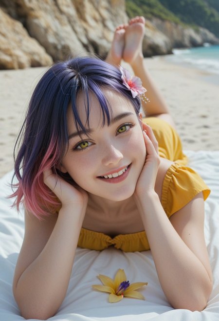 score_9_up, score_8_up, score_7_up, score_6_up, 1girl, solo, 25 years old, perfect face, (adult), sexy, 
yellow eyes, 
medium hair, multicolored hair, pink hair, purple hair, blue hair, hair flower, bangs,
yellow sundress, sleeveless dress, strapless dress, 
the pose, on stomach, feet up,  lying,  soles, legs up, 
smile, happy, enjoy, 
beach