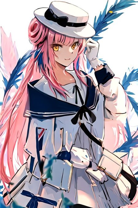solo_focus, 1girl, ((white background, simple background)):2, (((masterpiece))), ((best quality)), ((ultra-detailed)), high resolution, absurdres, highres, ultra-detailed 8k unity wallpaper, 
ceylon_arknights, long_hair, bangs, pink_hair, feather_hair, feathers, hat, white_headwear, yellow_eyes, blue_feathers, bow, hair_bun, hat_bow, smile, black_bow