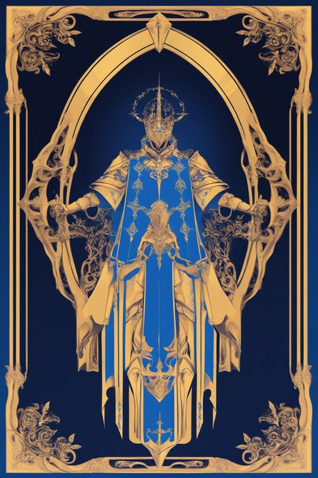 masterpiece, best quality, lone knight, blue theme, gold theme, limited color palette,lineart,  metal, medieval fantasy background,fantasy (theme),human