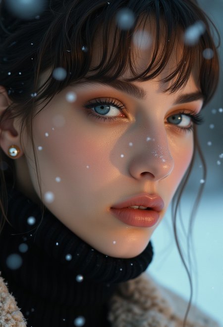 A close-up of a pale-skinned top model with blue eyes and black eyeliner, her lush lashes and lip gloss glistening. Snowflakes gently fall on her face as she exhales, visible breath in the cold. Side bangs hairstyle, wearing a cozy turtleneck and pearl dot earrings. Natural, soft, diffused side lighting casts a warm, amber glow, contrasting the dense shadows, and cold, blue tones of the snow, creating a moody, atmospheric shot. Ultra-detailed, with a raw 8k photo quality, film grain adds texture, and the color grading enhances the winter aesthetic. aidmafluxproultra