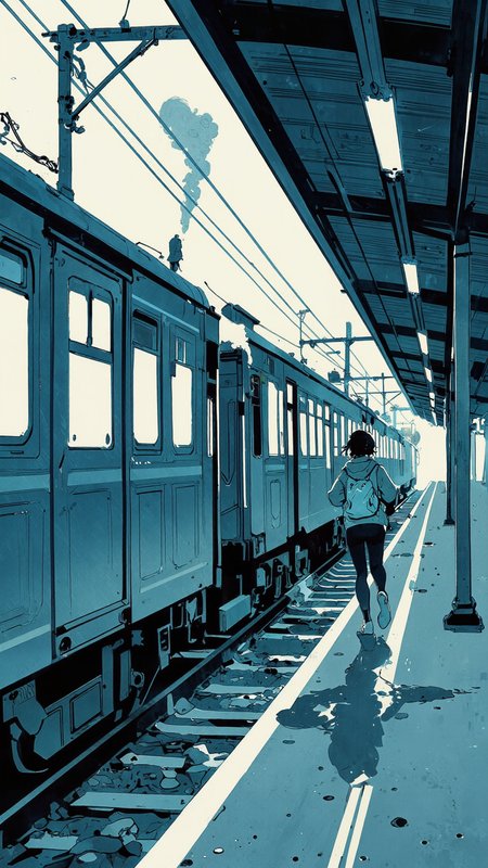 Anime-style scene of a young woman running along a train platform, reaching out as the departing train pulls away. Her eyes are filled with desperation. The train windows remain empty, no glance back, only the blurred reflections of station lights. Soft rain falls, wet tracks glistening under dim platform lights, steam rising as the train disappears into the distance. Anime-style techniquesâpainterly soft shading, glowing highlights, watercolor-like textures, expressive brushwork, cinematic framing <lora:minink1_cap_d6a3e12:0.8> <lora:Anime_v1.3:1.5> <lora:Blue_Future:1.0>