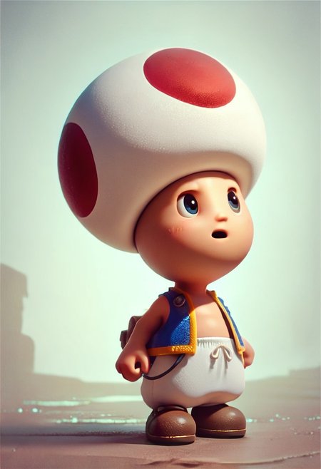 LudasStyle,
score_9, score_8_up, score_7_up, 1boy, solo, ToadCharacter, mushroomhat, black eyes,,  vest, white pants, brown shoes, joyfull