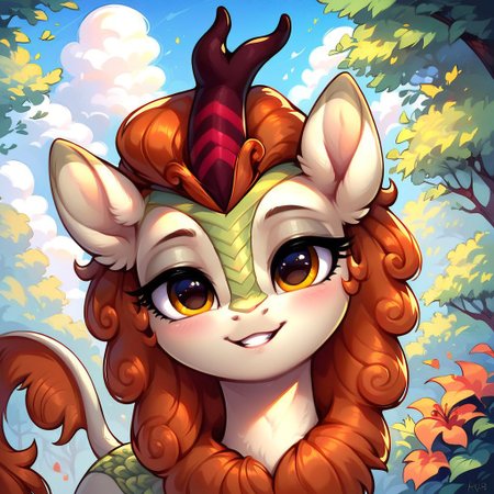 masterpiece, score_9, score_8_up, score_7_up, score_6_up, (best quality:1.1), ultra-detailed, high resolution, 1character, Autumn Blaze, kirin, g4, female, mare, half closed eyes, eyeshadow, happy smiling, blushing, outdoors, detailed fotest background, tail, high quality, sharp, the quality of ai art is frightening, watercolor, highly detailed, (beautiful detailed eyes), Long eyelashes, Highly Visible, (((8k))), sharp focus, perfect lighting, beautiful eyes, long eyelashes, anatomically correct, extremely detailed, shine on body, high detail, cute facial expression, Expressiveh, detailed background, OverallDetail, zPDXL2