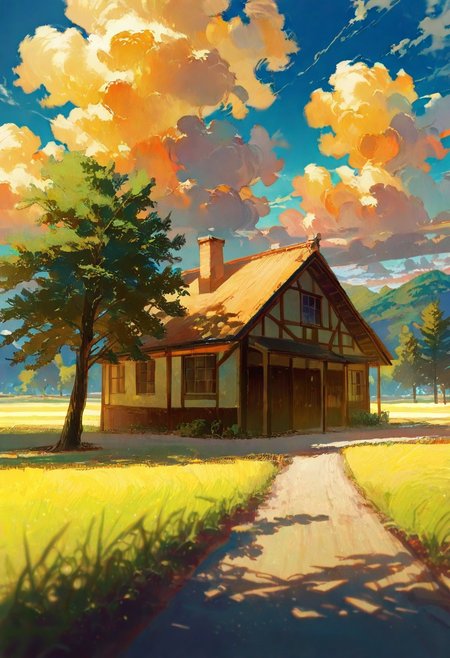 by potg \(piotegu\), masterpiece, best quality, amazing quality, very aesthetic, very awa, absurdres,  extremely detailed, (depth of field), (diagonal shot with rotation), (foreshortening), blue sky, building, cloud, cloudy sky, dirt road, grass, house, no humans, outdoors, road, scenery, sky, tree, thick oil painting,