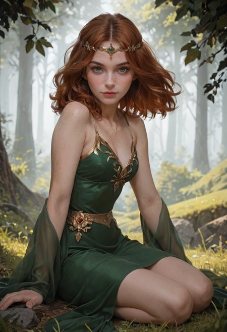 score_9, score_8_up, score_7_up, score_6_up, BREAK, young fantasy princess with auburn hair, 1girl, solo, medium hair, circlet, green eyes, freckles, (very pale skin, fair skin,:1.4) green outfit, gold accents, elegant, serene, virtuous, dynamic pose, seductive pose, (small smile:0.8),  looking at viewer, partial side view, forest, sunny, sitting on the grass, detailed skin, film grain, dramatic lighting, (skin spots:0.7) <lora:g0th1cPXL:0.3> <lora:incase-ilff-v3-4:0.4> <lora:princess_xl_v2:0.35>