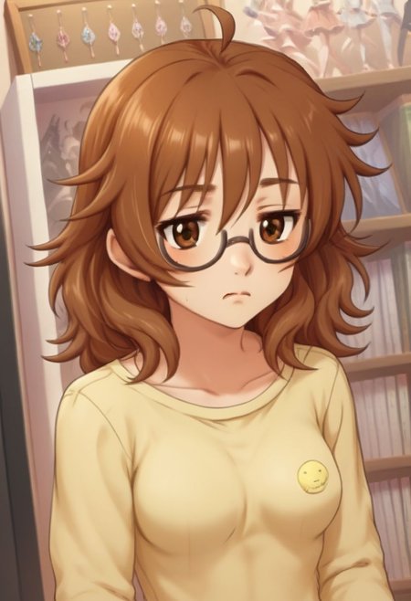 score_9, score_8_up, score_7_up, BREAK, source_anime, ARAKI HINA BROWN HAIR, MEDIUM HAIR, BROWN EYES, MESSY HAIR, BIG HAIR, FLIPPED HAIR, TIRED HAIR, AHOGE, JITOME, MEDIUM BREASTS, j0j0styl3