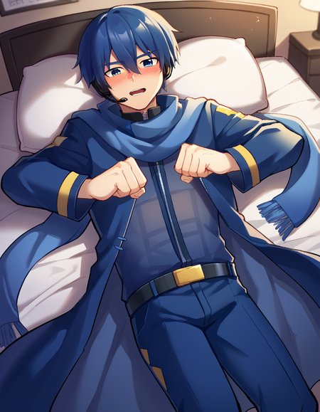 score_9, score_8_up, score_7_up, source_anime, <lora:vocaloid-kaito-ponyxl-lora-nochekaiser:1>, kaito, kaito (vocaloid), blue eyes, blue hair, male focus,, belt, blue pants, blue scarf, blue shirt, coat, headset, microphone, pants, scarf, see-through clothes, zipper, indoors, bed, bedroom, on side, blush, drunk, , <lora:mochi-mochi-ponyxl-lora-nochekaiser:1>, mochi mochi dance, clenched hands, hands up,, looking at viewer, solo,, dutch angle, cowboy shot