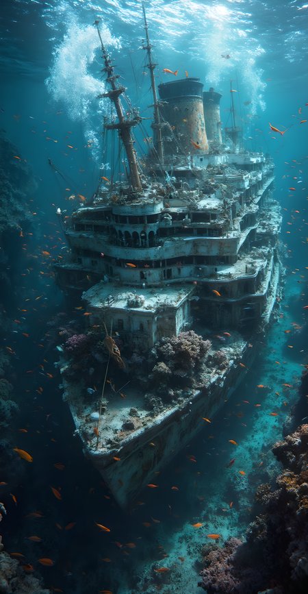 Ultra-high resolution fantasy art, 
A beautiful coral reef has formed on the remains of a decaying destroyed in places passenger ship that sank into the deep sea, and beautiful tropical fish swim around it. The remains of the passenger ship are completely attached to the bottom of the ocean. The wreckage is so dilapidated that it is unrecognizable as a passenger ship. The deep sea is a deep seabed, passenger ship, The passenger ship was so huge that only the shape remain as wreckage.
Many deep sea fish and beautiful tropical fish decorate the wreckage. A sad atmosphere, A realistic depiction of the remains of a passenger ship, Beautiful fantasy landscape of the deep sea,
Beautiful and realistic depictions of tropical and deep sea fish, A shot of the remains of a passenger ship, (Ultra HD, Masterpiece, Best Quality, 4K, 8k), Ultra Detail, Ultra-fine painting,High-quality 3D rendering. Dramatic Lighting,Professional photography resolution,Award-winning