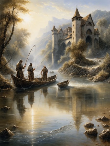 Oil painting, Fishermen in medieval dress cast their nets into a clear river, masterpiece, high detail, 8k, intricate, detailed, high resolution, high res, high quality, <lora:add-detail-xl:1.8>, highly detailed, Extremely high-resolution details, fine texture