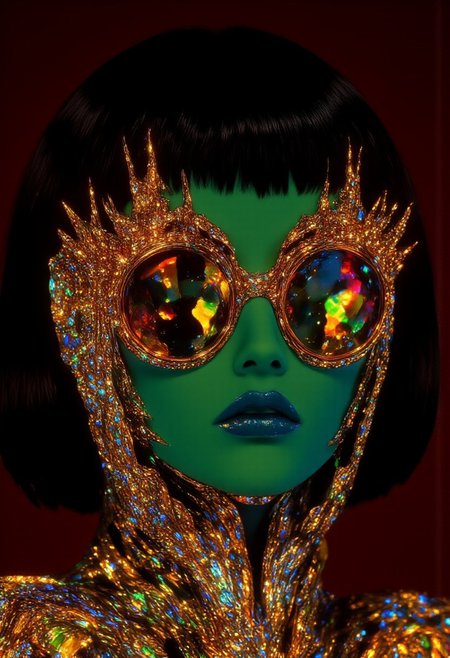 ((aidmaimageupgrader, aidmaMJ6.1, ne0nfant4sy)),A hyper-realistic close-up portrait of a woman with short, side-trimmed jet-black hair styled in soft perms, her face glowing with surreal emerald green-tinted skin. The frame focuses tightly on her full head and neck, emphasizing her sharp and striking features. She wears avant-garde sunglasses crafted in vivid crimson acetate, with bold geometrical shapes including octagons and pentagons. The sunglasses' frame is adorned with delicate rose-gold filigree spikes, intricately carved with swirling floral patterns and accented with glowing teal and orange gradients that shift dynamically with the light. These elegant spikes encircle the lenses, lending the design a futuristic yet organic feel. Draped over her lower face is a veil of thin platinum chains, each link engraved with tiny iridescent beads that shimmer in a rainbow spectrum. Her glowing amber-yellow eyes radiate intensity, piercing through the vibrant green of her skin with a mesmerizing brilliance. The background features a dark burgundy gradient with faint, ethereal trails of golden light, adding depth and surreal mystique to the scene. Shot with a Canon EOS R5, using a 135mm f/1.8 lens at ISO 200, f/1.8, rendered in 8K with Octane Render and refined in Photoshop to amplify intricate details. Inspired by futuristic fashion aesthetics and surreal avant-garde artistry.