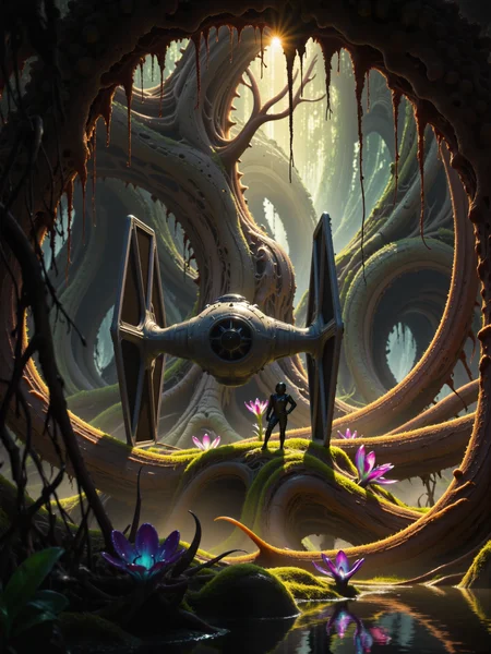 ultra-high-resolution, 8k, 4k, science fiction, low angle view, dim lighting, crepuscular rays, hyperrealistic, masterwork cinematic digital painting in the style of ck-swc, science fiction, (bioluminescent alienplants:1.6), a sleek, black and grey imperial tie fighter has landed on a small mossy patch of ground amid the murky waters of a dense alien swamp, it is surrounded by colorful bioluminescent alienplants, its twin vertical hexagonal wings are slightly submerged in the soggy ground, the ships iconic angular design stands in stark against to the organic chaos of the dagobah jungle. ancient twisted trees arch overhead, their tangled roots gripping the islandâs edge, long strands of moss and vines drooping from the canopy, the swamp around the island is still and glassy, disturbed only by faint ripples and drifting mist. a lone imperial tie fighter pilot stands beside the craft, clad in glossy black armor and helmet, hands on hips in a watchful stance, the pilotâs presence is solitary and enigmatic, silhouetted by the surrounding mist and foliage, the pose calm yet alert, evoking a sense of control and discipline amidst the wild environment. the foreground is dotted with otherworldly exotic alienplants, while the background shows silhouettes of distant trees and vines fading into the fog, creating depth and an immersive jungle atmosphere. composition is wide and cinematic, with the tie fighter centered slightly off to the right, the pilot in the lower left quadrant, the island forming a grounded focal point framed by water and arching vegetation, perspective is slightly low and frontal to emphasize the imposing geometry of the spacecraft. lighting is soft and dim with warm shafts of golden light filtering through the canopy, blending with cool ambient swamp shadows, subtle reflections dance on the waterâs surface, and ambient mist creates atmospheric layering, a soft cinematic glow envelopes the scene. painted in a masterful digital art style with meticulous texture work, capturing the slick surfaces of the fighter, the rugged terrain, and the humid jungle atmosphere, blending clean sci-fi machinery with lush organic forms and moody natural light, fuchsia and eggshell white and sea green and dresden blue and byzantium purple, ovg, ck-swc, alienplants, <lora:style-star_wars-flux-by_chronoknight:0.84> <lora:alien_plants-flux-by_chronoknight:0.84>