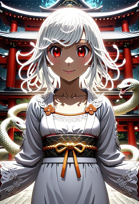 source anime, anime style, official art, "Sengoku Nadeko wrapped by a pale white snake around her, glowing under soft, eerie lighting, surrounded by detailed scales, mixed with a surreal and unsettling atmosphere, photorealistic textures." white_hair, red_eyes, medium_hair, snake_hair,  WHITE DRESS, looking at viewer, beautiful smile, japanese shrine, <lora:SDXLFaeTastic2400:0.4> <lora:extremely_detailed:0.4> extremely detailed, <lora:sn4ke:1>,sn4ke, Masterpiece,best quality,hi res,8k,hi res,8k,award winning,(sharp focus, intricate, highly detailed), rating:safe