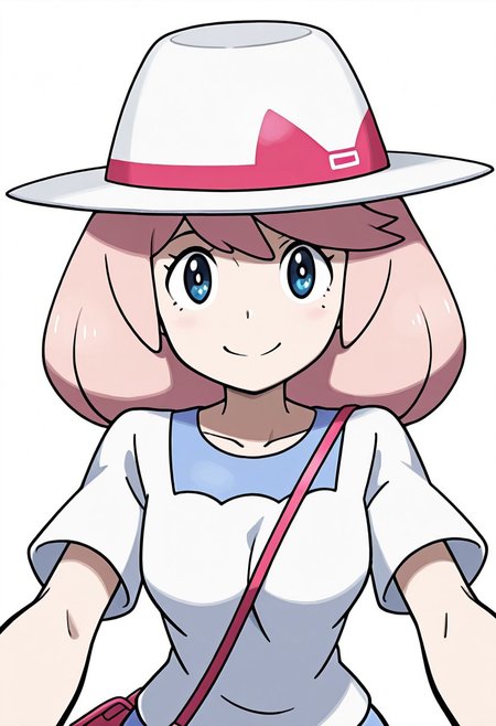 masterpiece, best quality, solo, curvy, beautiful eyes, girl, solo, smile, looking at viewer, dynamic pose, from below, (fisheye), foreshortening, close up,  (leaning forward, eye focus, anime screenshot, 
(upper body), white background,
zzYancy, blue eyes, medium hair, pink hair,  white hat, pink bow, white shirt, blue dress,