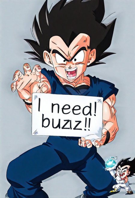 (chibi Goku:1.4), (trying to charge a Kamehameha (Dragon Ball):1.4), (hands in beam pose with no energy:1.3), (small energy ball flickering and failing:1.2), (saying "ha... kame...":1.3), (holding a sign that says "I need buzz":1.5), (need_buzz:1.4), (snowy setting:1.2), (chibi Vegeta:1.4), (Vegetaill:1.3), (Gokuill:1.3), (laughing while drinking an energy drink:1.3), (funny anime scene:1.3), (energy drink can labeled "buzz":1.2), (cute proportions:1.4), (big expressive eyes:1.3), (soft shadows and cel-shading:1.2), (high detail:1.2), (anime background:1.1), (beam:1.2), (energy ball:1.2), (kamehameha:1.3), (holding sign:1.4)