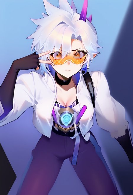 score_9, score_8, score_7_up solo BREAK 
1girl, BREAK medium breasts, seductive look,by yuio, <lora:yuio_style_PONYXL:1>,<lora:Mizah_style:1>,<lora:J.K_Pony_test_v1:1>,
BREAK Tracerkpop  , Tracer (overwatch),looking at viewer,blush,<lora:Lord_Moku:1> BREAK RivenSBXL, sidelocks, single horn, pointy ears, medium breasts, black choker, collar bone, single bare shoulder, cleavage, white kimono, purple sash, multicolored sash, purple elbow gloves, fingerless gloves, purple pants, asymmetrical clothes, greaves, purple sandals BREAK v over eye,backhand BREAK lui-newyr, white hair