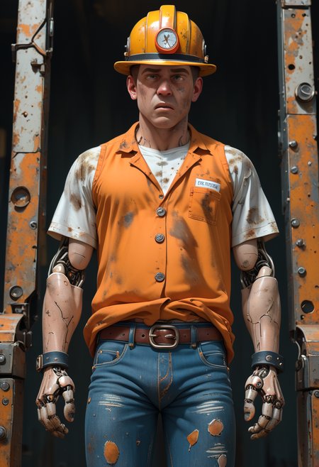 Grunge style score_9, score_8_up, score_7_up,  24 year old dieselpunk construction worker, cowboy shot, three-quarter view, looking to the side, mechanical arms,  lean toned form, marine style high and tight haircut, full lips, wearing jeans and a t-shirt with hard hat and high vis vest, construction site, atmospheric perspective, high noon, <lora:Reelmech_pony_ed_v1_3:0.8> reelmech, mechanical parts, joints,, . Textured, distressed, vintage, edgy, punk rock vibe, dirty, noisy