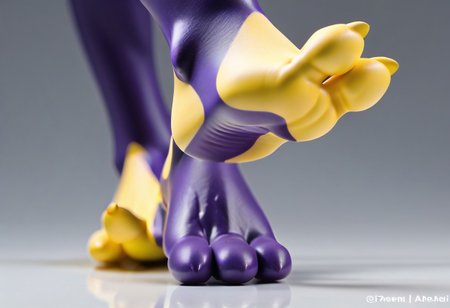tox_amped, barefoot, purple feet, yellow soles, 3 toes, standing, foot focus, close-up