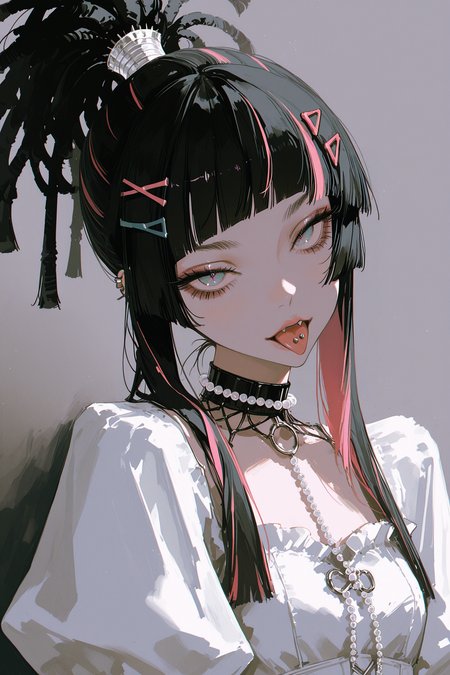 arutera, rella, (dino_(dinoartforame):0.8),   best quality, masterpiece, very awa, absurdres,  <lora:high_detailILL:0.6> high_detail, <lora:Niji_oil_painting_drawing-anime:0.8>, cyber punk style,  rebellious, and edgy, chromatic aberration, Overlayed with retro VHS static effects and glitch textures, film grain,  <lora:VHSnoise_IL:0.4> <lora:nhl-001:0.4>,
cool girl, solo, portrait, black hair, Stylized dreadlocks, decorated with beads and colored thread, hime cut,  pink highlights, colorful hair clips, bangs above eyebrows, high ponytail, grey eyes, tongue out, Tongue piercing, single piercing, wearing a white dress, puffy skirt, irregular hemline
