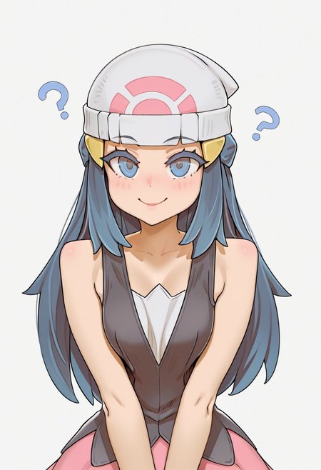 masterpiece, best quality, 
1girl, solo,
dawn \(pokemon\), blue hair, blue eyes, white beanie, dress,
looking at viewer, smile, confused, red cheeks, blush, asanagi, BartoStyle, artist maobohe