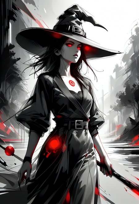 score_9, score_8_up, score_7_up, score_6_up, score_5_up, score_4_up, (solo), 1girl, female, glowing red eyes, black hair, claws, witch hat, (black dress), covered, (red glowing magical staff), cel-shading, monochromemuse, monochrome, greyscale, ink splatter, linquivera, dramatic angle, (head focus, head shot, close up), forest, detailed background