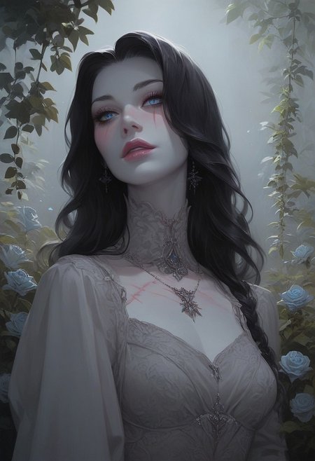score_9, score_8_up, score_7_up, score_6_up, at night, in a garden, 1woman, charming, Undead, long loose black hair, piercing ice-blue eyes, ghostly pale white skin, surgical scar on the chest, gray prude victorian gown with long sleeves, beautiful, cute, attractive