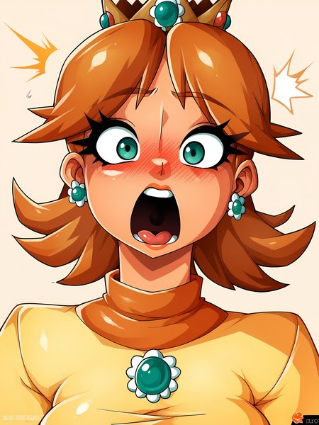 score_9, score_8_up, score_7_up, score_6_up, score_5_up, WitchK1ng, highres, simple background, solo, 1girl, princess daisy, mouth open, surprised, blush,   <lora:WitchkingStyle-05:1>
