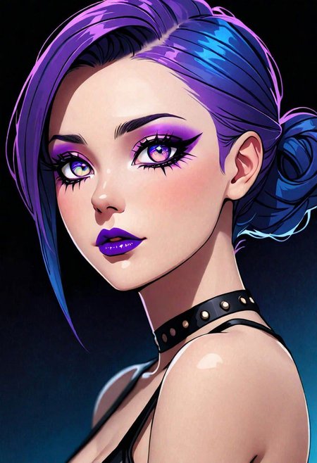 neo noir style portrait of a beautiful woman painted on wall with light, stunning beauty, soft light, pastel colors ,black and purple hair, dark punk, heavy makeup, line art, postmodernism, neo noir,   simple background, glowing lips, lips closed, light smile, masterpiece, natural style,  braided mohawk,, realistic and detailed eyes, beautiful eyes, amazing eyes,kawaii makeup dark makeup, nerd, red glowing lips, bangs,