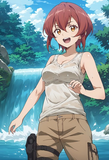 score_9, score_8_up, score_7_up, score_6_up, score_ANIME, 1girl, , kurenakukumila, 1girl, solo,, outdoors, water, short hair, tank top, cleavage, red hair, open mouth, tree, sleeveless, brown eyelashes, sidelocks, day, holster, brown pants, wet, orange eyes, sky, medium breasts, cloud, standing , smile, (looking at viewer:0.5), <lora:corena_ponyV2:1>