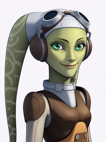 score_9, score_8_up, score_7_up, score_6_up, score_5_up, score_4_up, BREAK, source_anime,
1girl,  herasyndulla, tentacle hair, twintails, green eyes, alien, green skin,
goggles on head, bodysuit,
smile, upper body, looking at viewer, solo, simple background, white background    <lora:HeraSyndullaXL:1>