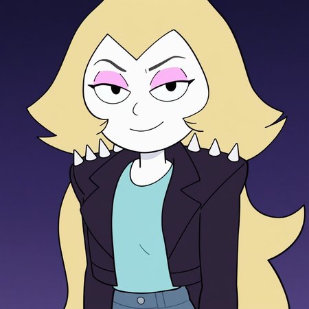 score_9, masterpiece, 1girl, Solo, female focus, Vidalia_SU, pale white skin, black eyes, blonde hair, long wavy hair, pink eyeshadow, black leather jacket with spikes on the shoulders, light blue t-shirt, blue-grey skinny jeans, high white boots, big eyes, tall stature, standing, room background, looking at viewer, perfect eyes, detailed eyes, smile, bust shot, close up to face, face portrait