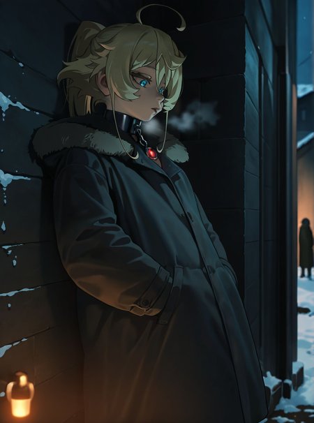 masterpiece,best quality,amazing quality,very aesthetic,absurdres,newest, huge filesize,
<lora:spo_sdxl_10ep_4k-data_lora_webui:0.5>,
volumetric lighting,
tanyadegurechaff,
Tanya from Youjo Senki, leaning with her back against a wall, night setting, wearing a big, fluffy coat, collar pulled up, mouth hidden in the coat, head lowered, looking down with a sad expression, winter night, snow gently falling, small light above casting a soft, warm glow, dramatic shadows on her face, quiet and introspective atmosphere, cold breath visible, somber mood, dark, muted colors, lonely street, snow-covered ground, gentle snowfall, photorealistic, cinematic lighting, melancholic and serene, emotional depth, volumetric lighting, peaceful yet intense
,<lora:youjo_senki:0.8>,