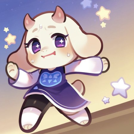 score_9_up, score_8_up, score_7_up, toriel, goat snout, purple eyes, horns, fluffy, cookie_run, chibi, sweat drops, running, smiling, small fangs, solo, gradient background, stars