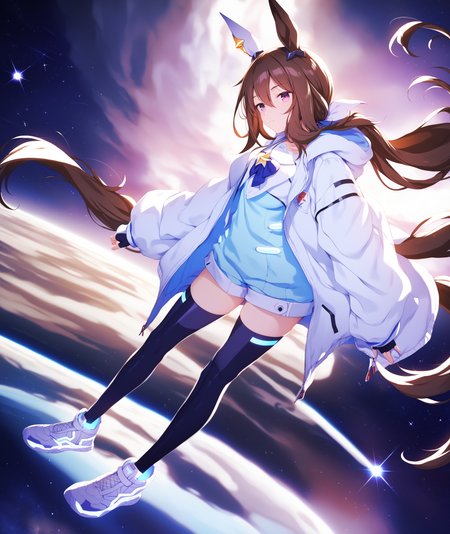 score_9, score_8_up, score_7_up, source_anime,
1girl, solo, full body,
(star \(sky\), universe:1.2), science fiction, night, space craft,
horse girl, horse ears, horse tail, purple eyes, brown hair, ponytail, standing, looking at viewer,
neo_admire_vega, gloves, jacket, shoes, black thighhighs, fingerless gloves, open jacket, white footwear, sneakers, ear covers
 <lora:Admire_vega_XL-ponyXL_optV2-000008:1>