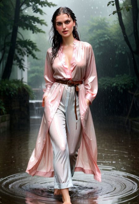 woman 30 YO, foto, masterpiece, score_9, long  dark,((drenched wet))hair, realistic, brown eyes, soaked wet clothes,beautiful, ((realistic)), Raw Photo,  Her sexy body stiff tits and nipples are shimmering through her wet clothes. Fully clothes bathing, Fashion Bath. Wet, colorful Girls Dress and Sweet fashion, aristocratic, pink blouse, silk pants,belt, robe.