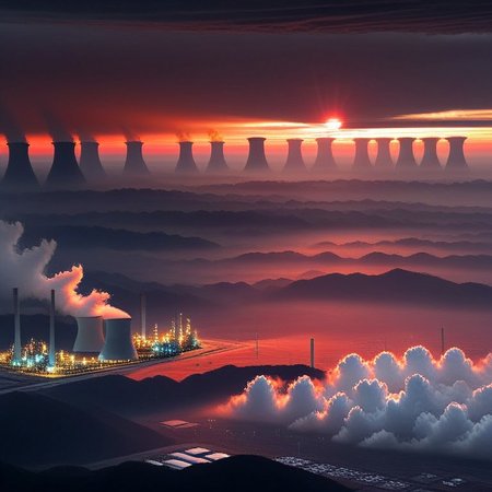 a dense layer of gray clouds illuminated in red from above, a small golden sun, light gray mountains in the distance on the horizon among which power plants can be seen, closer gray mountains on the horizon among which power plants can be seen, black mountains on the horizon among which power plants can be seen,