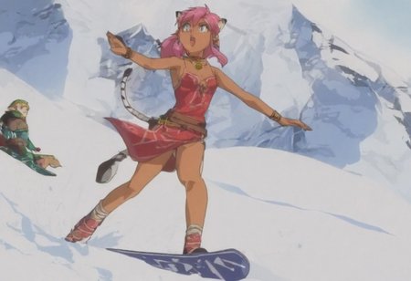 Pink_DragonPink, 1girl, sleeveless dress, white tiger print dress, pelvic curtain, cleavage, cat bell necklace, white tiger tail, red sash, small breasts, leather shoes, masterpiece, very aesthetic, <lora:pink-illustrious:1>, 
Break
1boy,Anime screencap,link (zelda),blonde hair,blue eyes,pointy ears, low ponytail, sidelocks, wearing blue hyilian tunic,
Break
Peak of tall snowy mountain, standing in the snow, during a sunny day, pink and link snowboarding on hylian shields, snowboard, snowboards are shields, snowboarding down mountain, sharp decline, leaving a trail through the snow,