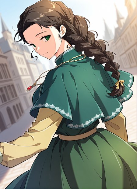 <lora:Silluria_Namaran__The_Greatest_Estate_Designer__Illustrious:1>
1 girl, solo, green eyes, brown hair, black hair, long hair, braid, single braid, braided ponytail, hair over shoulder
green dress, long sleeves, capelet, layered sleeves, short over long sleeves, necklace, jewelry, <lora:DetailedEyes_V3:1>
score_9, score_8_up, score_7_up, very aesthetic, source_anime, detailed, high quality, beautiful, masterpiece, detailed eyes, cityview, blurry background, pose dynamic angle, upper body, cowboy shot, light smile, looking back, reaching out, floating hair
