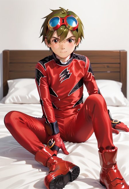 score_9, score_8_up, score_7_up, zPDXL2, 
1boy, solo, goggles on head, brown hair, 
,sitting on bed,
geki red, red bodysuit, black markings,   red gloves, red boots,