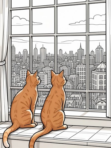 A simple monochrome line drawing for a coloring book.

Photograph of (ginger cats:1.65) at a window. looking out over a tall cityscape. The background is a merging of line drawing style detail. The cats are colored in and beautifully rendered in photographic quality.

<lora:LineDrawing03_CE_XL_300-OT:0.6> lndrwngCE_style