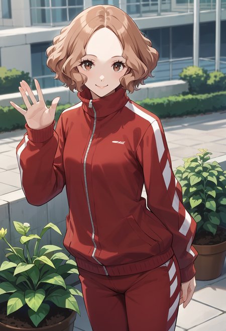 score_9, score_8_up, source_anime
1 girl, solo, cute face,
p5haru, brown hair, short hair, wavy hair,
p5haru-track, red track suit, track suit, red jacket, red pants, stripes, striped sleeves, sleeves past wrists, long sleeves, zipper, striped pants, 
rooftap garden, cityscape, planters, plants, grenery, standing, looing at viewer, smile, waving,
masterpiece, best quality, ultra detailed,