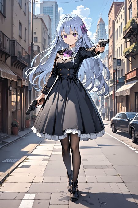 score_max, (score_9, score_8_up, score_7_up:1.2), score_6_up, official art, source_anime,
, masterpiece, absurdres, high detail, 8k,
after rain, city, street, steampunk,
holding gun, handgun, aiming at viewer, expressionless, looking at viewer,
pixel art, felicette, hair bow, purple bow, black dress, collared shirt, long sleeves, black pantyhose, black footwear
 <lora:XL_Pony_game-marfushasg-felicette-t1:1>