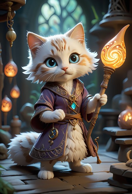 An enchanting image featuring an adorable kitten mage wearing intricate ancient robes, holding an ancient staff, hard at work in her fantastical workshop, intricate runic symbols swirling around her, it's clear that she's busy casting a powerful spell. Her fluffy tail sways gently as she concentrates on the task at hand, adding to the whimsical atmosphere of this magical scene. The soft lighting and detailed surroundings create an immersive environment where imagination runs wild. This charming artwork is sure to delight fans of both kittens and fantasy worlds alike, transporting them into a realm filled with wonder and possibility,
hyper-detailed, high quality visuals, dim Lighting, ultra-realistic, sharply focused, octane render, 8k UHD