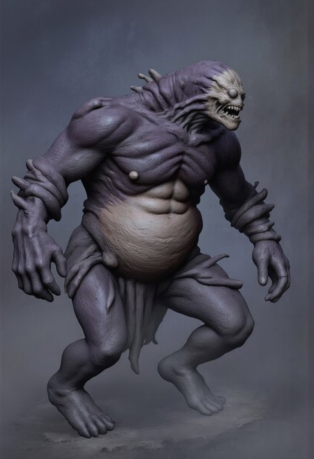 aidmaMJ6.1, Made out of paper, a PaperStyle , d4artstyle, d4concept, , d00mstyle, made of clay, ZBClay model of a gray sculpture
A grotesque, hulking creature with a bulbous, swollen body covered in thick, leathery skin. The creature's upper torso is hunched, giving it a lumbering appearance, while its limbs are long and sinewy, ending in sharp, clawed appendages. The skin is a dark, mottled purple, appearing almost bruised, with a pale, bloated belly that contrasts sharply against the rest of its form. The head is small in comparison to its body, with a distorted, insectoid face that includes multiple small eyes and mandible-like protrusions around its mouth. The creature's stance is menacing, with a slightly forward-leaning posture that emphasizes its predatory nature. The overall design evokes a sense of primal horror, combining elements of insect and abomination.
Background solid color with a faded dimly lit, fog-covered darkness tone that emphasizes its silhouette. 
 The medium is not a traditional painting or illustrative medium like watercolor or ink but rather a digital rendering, eerie and unsettling.