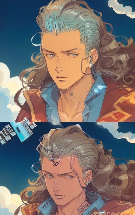 artwork <lora:Moebius:1>, Medium Shot of on the left 1man 60yo (Arduino Romano:1.3), Wavy hair, on the right 1man 45yo (Kristófer Teitsson:1.3), Shaved Sides with Long Layers hair cloud city, fascia